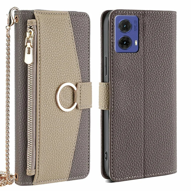 For Motorola Moto G85 5G / S50 Neo 5G Case Mirror Wallet Leather Phone Cover with Chain Shoulder Strap - Grey