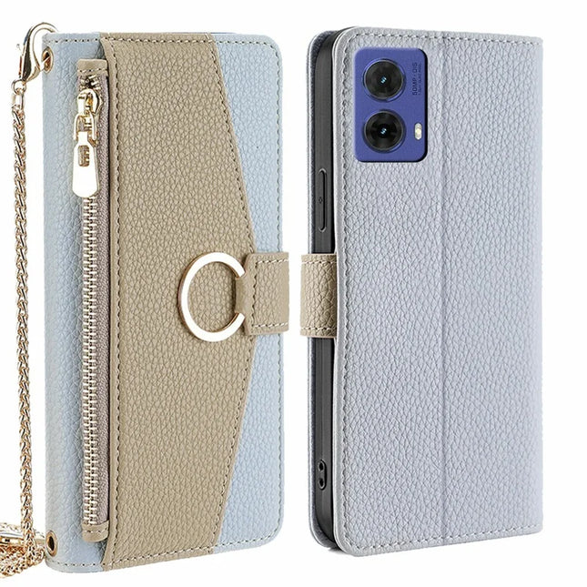 For Motorola Moto G85 5G / S50 Neo 5G Case Mirror Wallet Leather Phone Cover with Chain Shoulder Strap - Blue