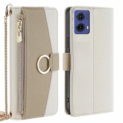 For Motorola Moto G85 5G / S50 Neo 5G Case Mirror Wallet Leather Phone Cover with Chain Shoulder Strap - White