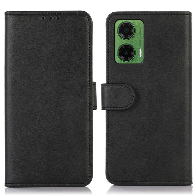 For Motorola Moto G35 5G Case Cowhide Texture Leather Wallet Phone Cover with Stand - Black