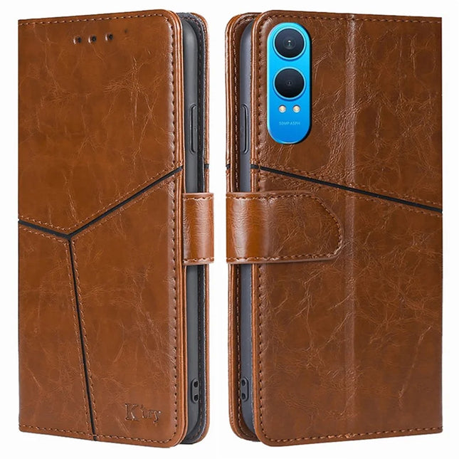 For OnePlus Nord CE4 Lite 5G / Oppo K12x 5G (China) Case Geometric Splicing PU Leather Phone Cover - Light Brown