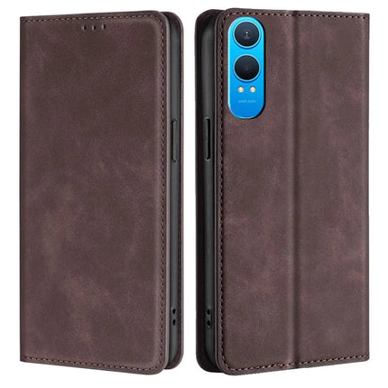 For OnePlus Nord CE4 Lite 5G / Oppo K12x 5G (China) Wallet Case PU Leather Magnetic Closing Phone Cover - Dark Brown