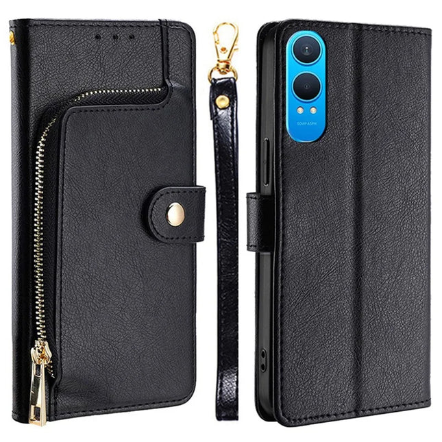 For OnePlus Nord CE4 Lite 5G / Oppo K12x 5G (China) Case Zipper Pocket PU Leather Wallet Flip Phone Cover - Black