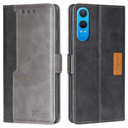 For OnePlus Nord CE4 Lite 5G / Oppo K12x 5G (China) Case Contrast Color Wallet Leather Phone Cover - Black+Grey