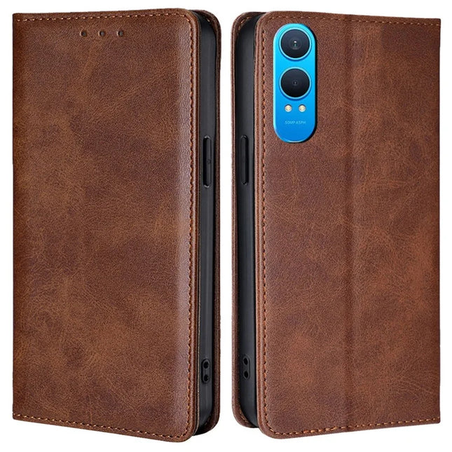For OnePlus Nord CE4 Lite 5G / Oppo K12x 5G (China) Case PU Leather Calf Texture Phone Wallet Cover - Brown