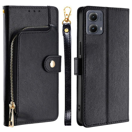 For Motorola Edge (2024) 5G Case Zipper Pocket PU Leather Wallet Flip Phone Cover - Black