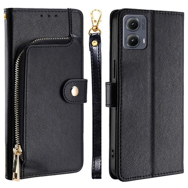 For Motorola Edge (2024) 5G Case Zipper Pocket PU Leather Wallet Flip Phone Cover - Black