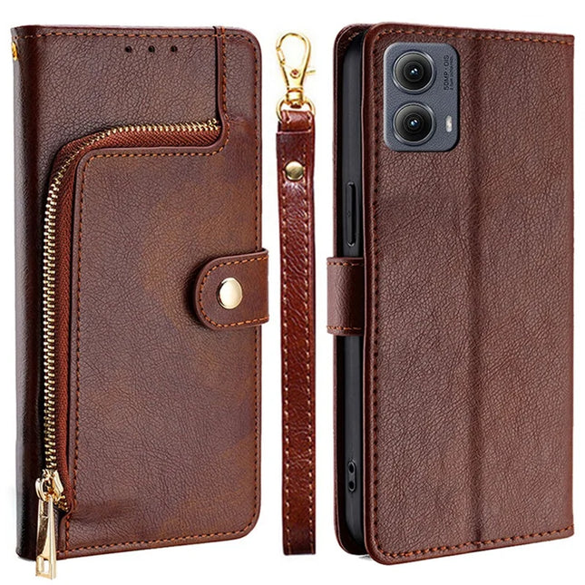 For Motorola Edge (2024) 5G Case Zipper Pocket PU Leather Wallet Flip Phone Cover - Brown