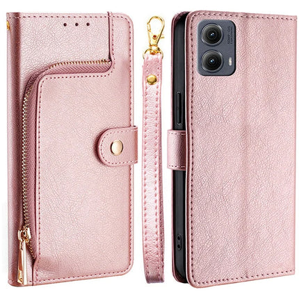 For Motorola Edge (2024) 5G Case Zipper Pocket PU Leather Wallet Flip Phone Cover - Rose Gold