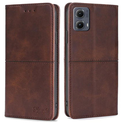 For Motorola Edge (2024) 5G Case Card Slots Cowhide Texture Phone Leather Cover - Dark Brown