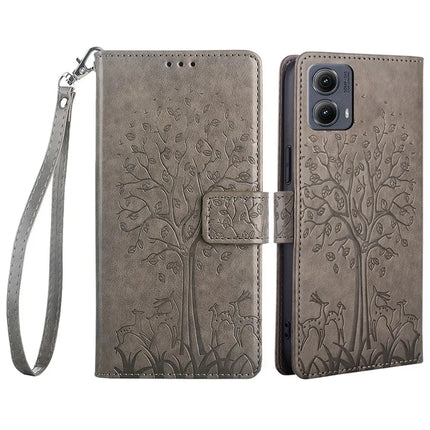 For Motorola Edge (2024) 5G Case PU Leather Wallet Phone Cover Tree Deer Imprinted - Grey