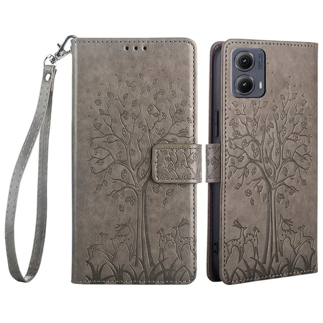 For Motorola Edge (2024) 5G Case PU Leather Wallet Phone Cover Tree Deer Imprinted - Grey