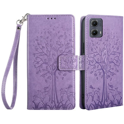 For Motorola Edge (2024) 5G Case PU Leather Wallet Phone Cover Tree Deer Imprinted - Purple