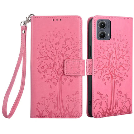 For Motorola Edge (2024) 5G Case PU Leather Wallet Phone Cover Tree Deer Imprinted - Pink