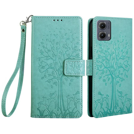 For Motorola Edge (2024) 5G Case PU Leather Wallet Phone Cover Tree Deer Imprinted - Green