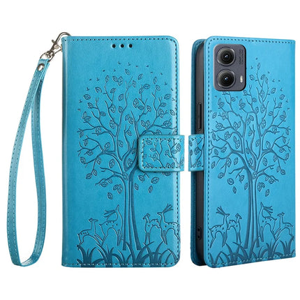For Motorola Edge (2024) 5G Case PU Leather Wallet Phone Cover Tree Deer Imprinted - Blue