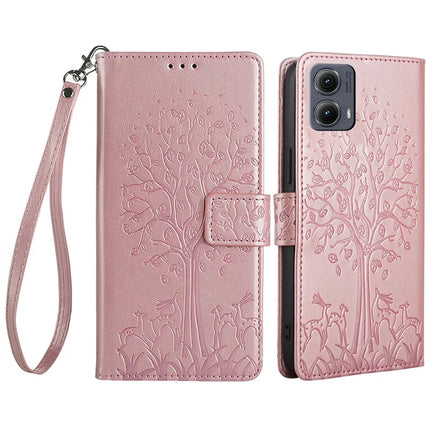 For Motorola Edge (2024) 5G Case PU Leather Wallet Phone Cover Tree Deer Imprinted - Rose Gold