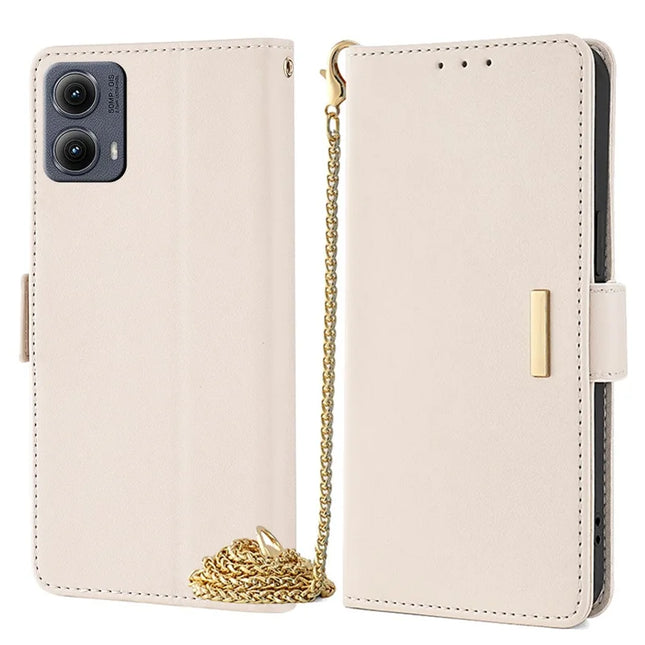 For Motorola Edge (2024) 5G Case PU Leather Wallet Stand Phone Cover with Crossbody Shoulder Strap - White