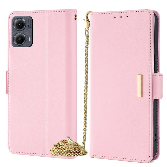 For Motorola Edge (2024) 5G Case PU Leather Wallet Stand Phone Cover with Crossbody Shoulder Strap - Pink