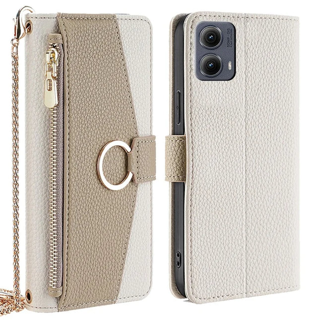 For Motorola Edge (2024) 5G Case Mirror Wallet Leather Phone Cover with Chain Shoulder Strap - White