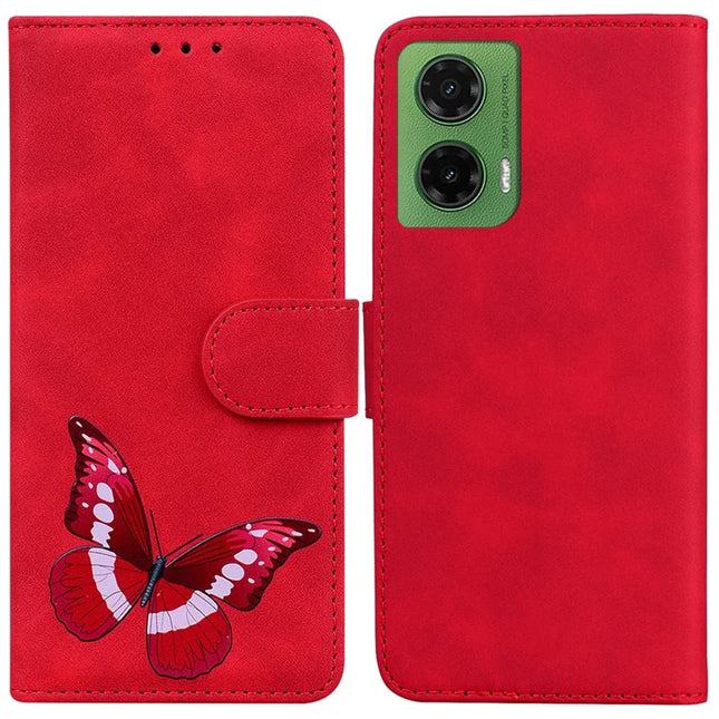 For Motorola Moto G35 5G Stand Case PU Leather Phone Cover Butterfly Printed - Red