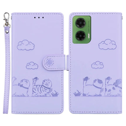 For Motorola Moto G35 5G Case RFID Blocking Kitten Pattern TPU+PU Leather Phone Cover - Purple