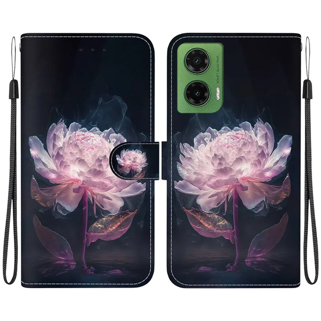 For Motorola Moto G35 5G Wallet Phone Case Anti-Drop Leather Flip Cover Pattern Printing - Purple Peony