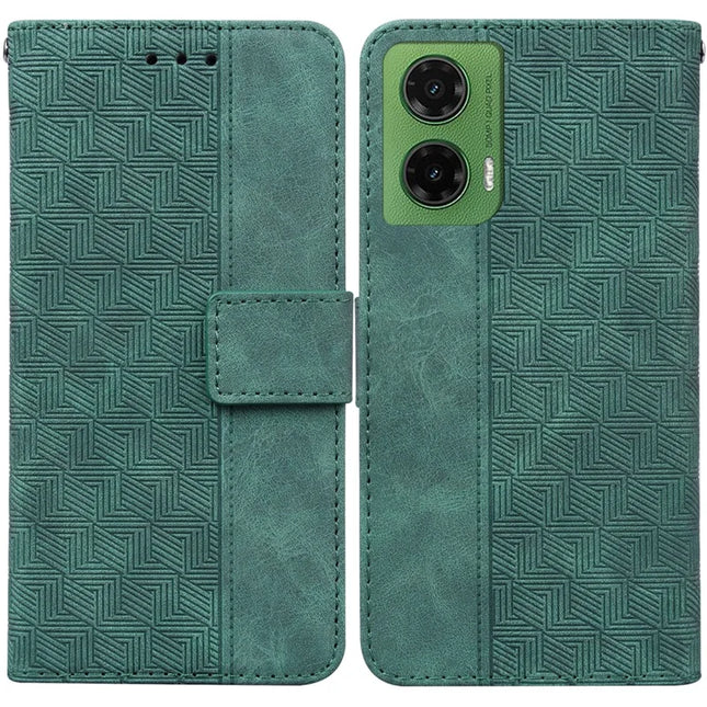 For Motorola Moto G35 5G Case Geometry Pattern Leather Wallet Phone Cover - Green