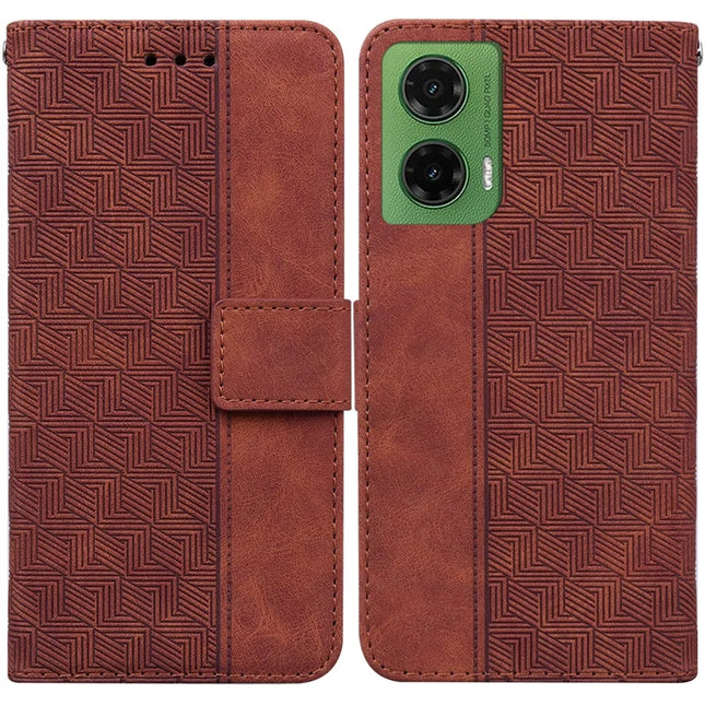 For Motorola Moto G35 5G Case Geometry Pattern Leather Wallet Phone Cover - Brown