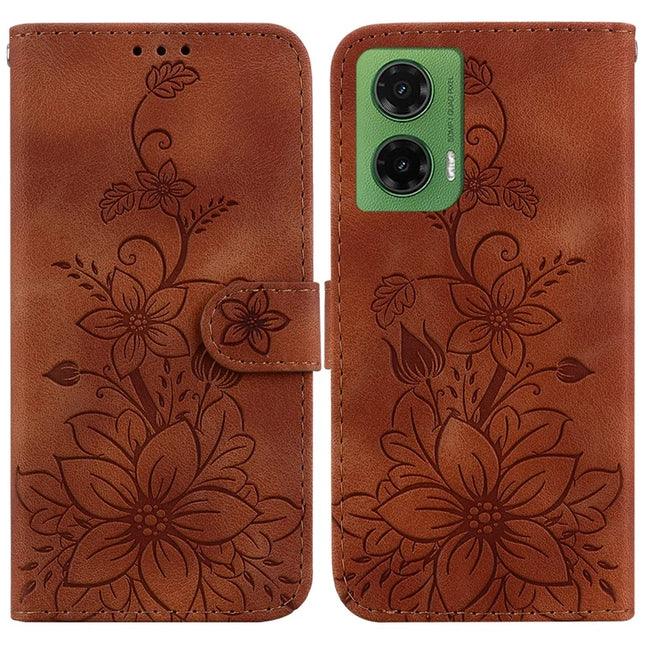For Motorola Moto G35 5G Case Lily Flower Imprint Leather Phone Cover with Stand - Brown