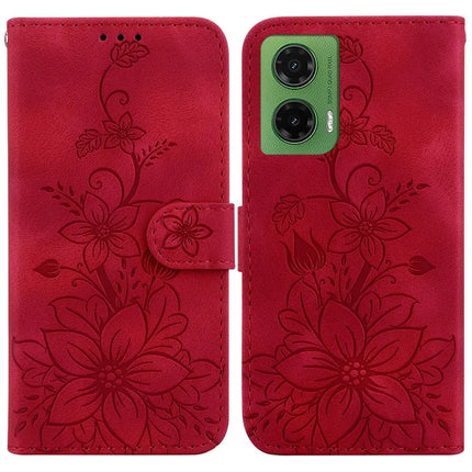 For Motorola Moto G35 5G Case Lily Flower Imprint Leather Phone Cover with Stand - Red