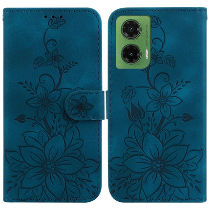 For Motorola Moto G35 5G Case Lily Flower Imprint Leather Phone Cover with Stand - Dark Blue