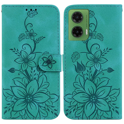 For Motorola Moto G35 5G Case Lily Flower Imprint Leather Phone Cover with Stand - Green