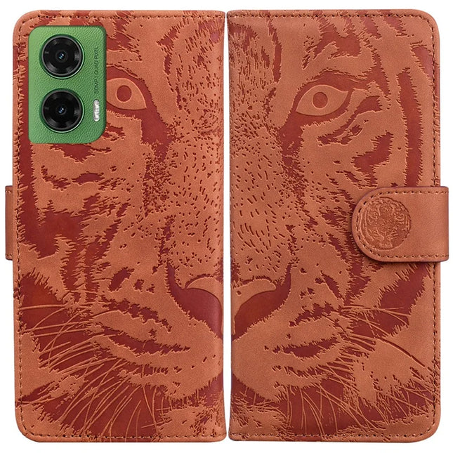 For Motorola Moto G35 5G Case Tiger Imprint Leather Wallet Phone Cover - Brown