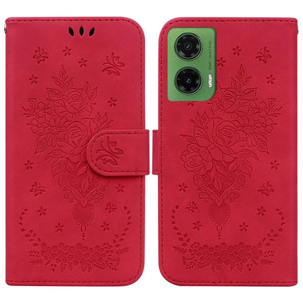 For Motorola Moto G35 5G Case PU Leather Wallet Phone Cover Butterfly Flower Imprint - Red