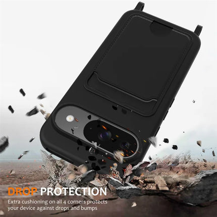 For Google Pixel 9 Case Liquid Silicone Card Holder Phone Back Cover with Lanyard