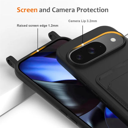 For Google Pixel 9 Case Liquid Silicone Card Holder Phone Back Cover with Lanyard