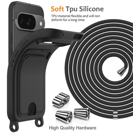 For Google Pixel 9 Case Liquid Silicone Card Holder Phone Back Cover with Lanyard