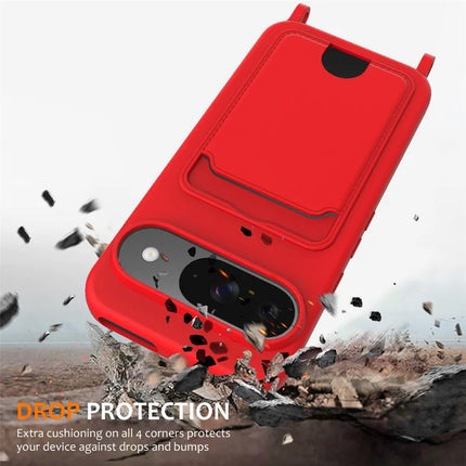 For Google Pixel 9 Case Liquid Silicone Card Holder Phone Back Cover with Lanyard