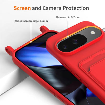 For Google Pixel 9 Case Liquid Silicone Card Holder Phone Back Cover with Lanyard
