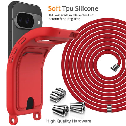 For Google Pixel 9 Case Liquid Silicone Card Holder Phone Back Cover with Lanyard