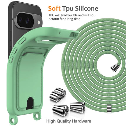 For Google Pixel 9 Case Liquid Silicone Card Holder Phone Back Cover with Lanyard
