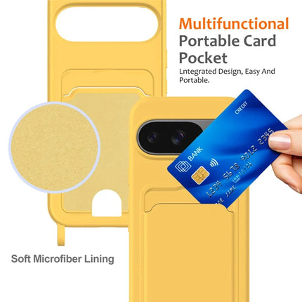 For Google Pixel 9 Case Liquid Silicone Card Holder Phone Back Cover with Lanyard