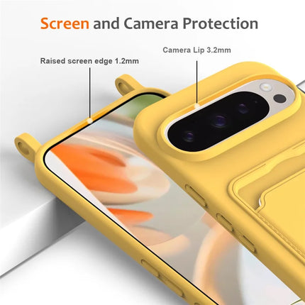 For Google Pixel 9 Pro Case Liquid Silicone Card Holder Phone Back Cover with Lanyard