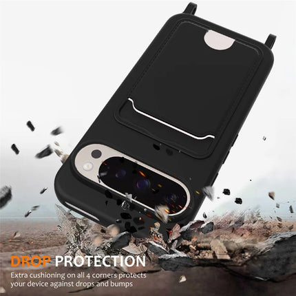 For Google Pixel 9 Pro Case Liquid Silicone Card Holder Phone Back Cover with Lanyard