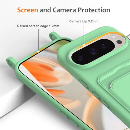 For Google Pixel 9 Pro Case Liquid Silicone Card Holder Phone Back Cover with Lanyard
