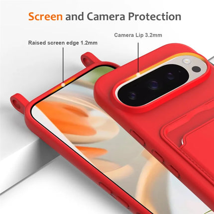 For Google Pixel 9 Pro Case Liquid Silicone Card Holder Phone Back Cover with Lanyard