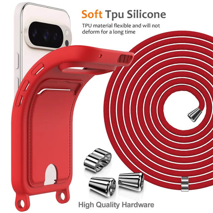 For Google Pixel 9 Pro Case Liquid Silicone Card Holder Phone Back Cover with Lanyard