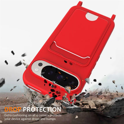 For Google Pixel 9 Pro XL Case Liquid Silicone Card Holder Phone Back Cover with Lanyard