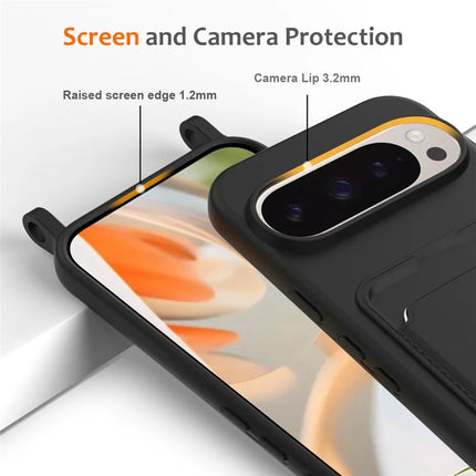 For Google Pixel 9 Pro XL Case Liquid Silicone Card Holder Phone Back Cover with Lanyard